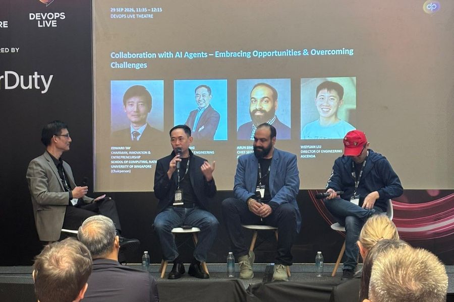 Gibson Tang speaking on the Collaboration with AI Agents panel at Tech Week Singapore 2026